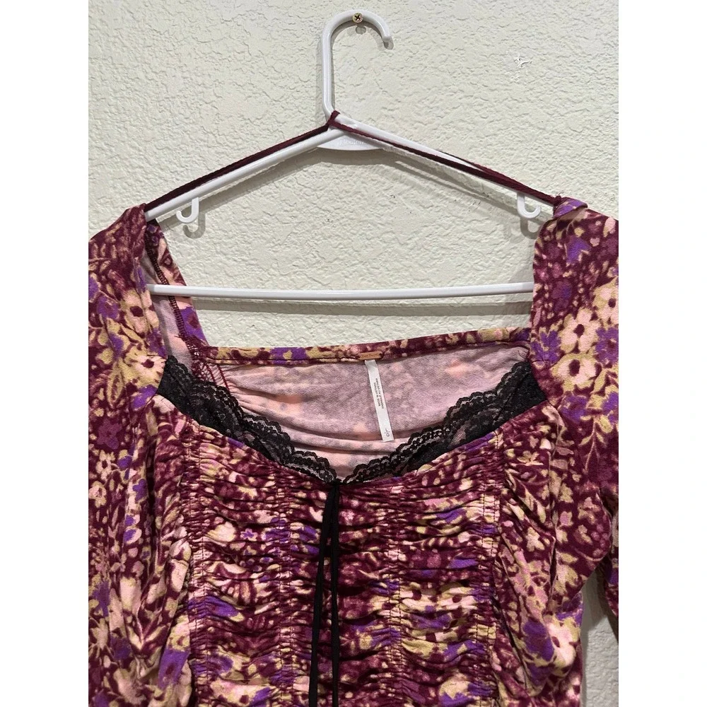 Free People Layer It On Me Long Sleeve Floral Ruched  Purple Lace Trim Large